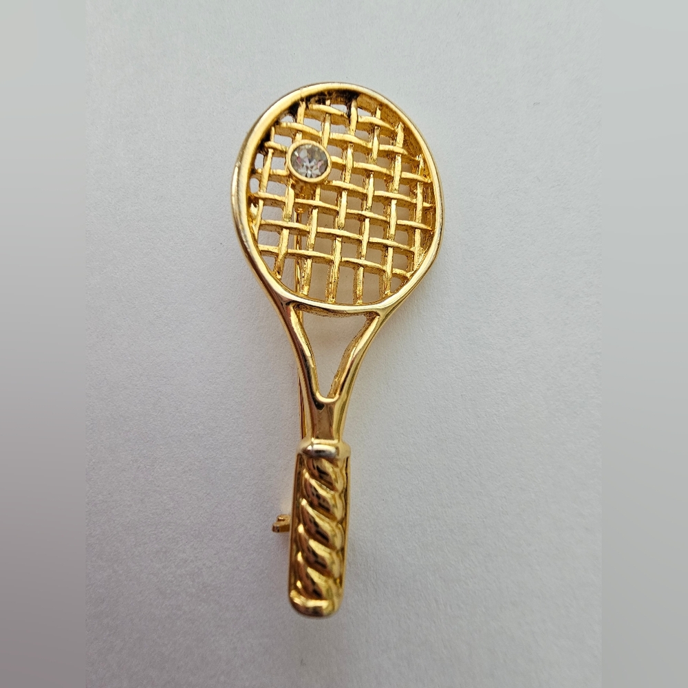 Vintage Gold Tone Tennis Racket Brooch - Rhinestone Detail - Sporty Chic